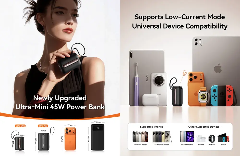 Joyroom JR-L012 Ultra 20000mAh 45W mini power bank with built-in USB-C and Lightning cables for fast charging