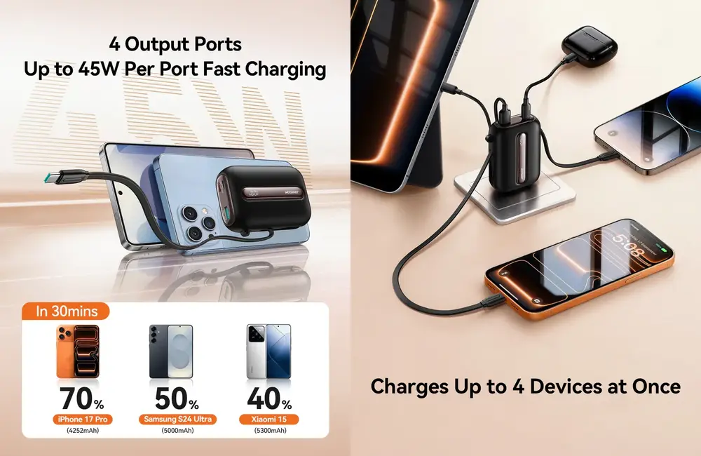 Joyroom 45W Power Bank with 20000mAh battery and digital LED display for smartphones and tablets