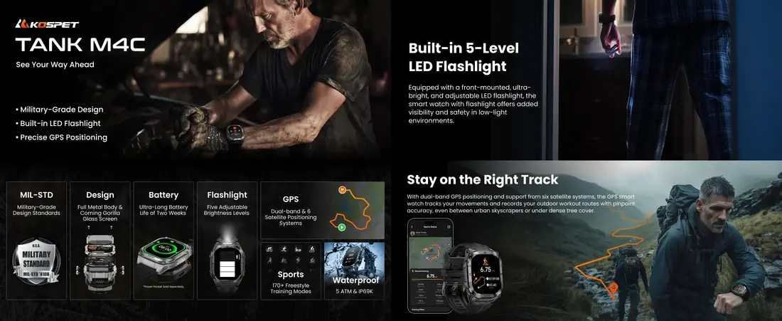 KOSPET TANK M4C rugged smartwatch with dual band GPS AMOLED display and LED flashlight