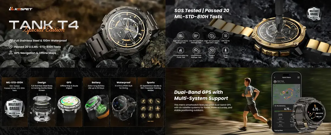KOSPET TANK T4 rugged smartwatch with dual band GPS offline maps and AMOLED display