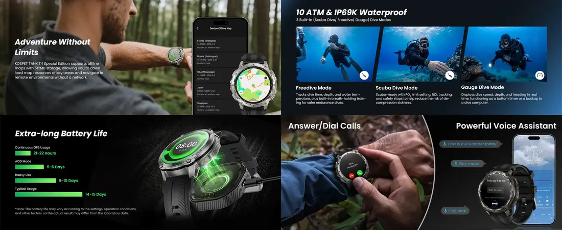 KOSPET TANK T4 Special Edition military grade smartwatch with stainless steel body and dual straps