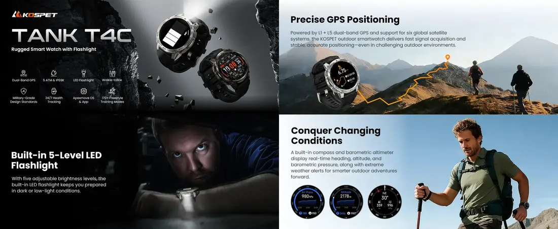 KOSPET TANK T4C rugged smartwatch with AMOLED display GPS tracking and LED flashlight