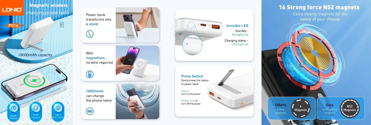 LDNIO PQ16 10000mAh magnetic wireless power bank with invisible foldable stand