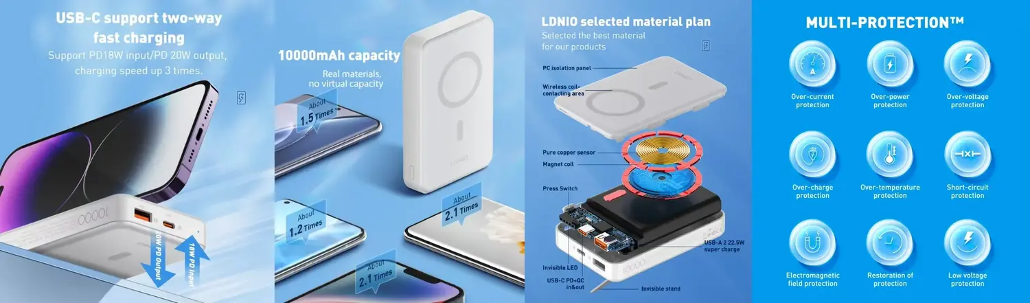 LDNIO PQ16 Power Bank with 15W magnetic wireless charging and USB-C fast charging