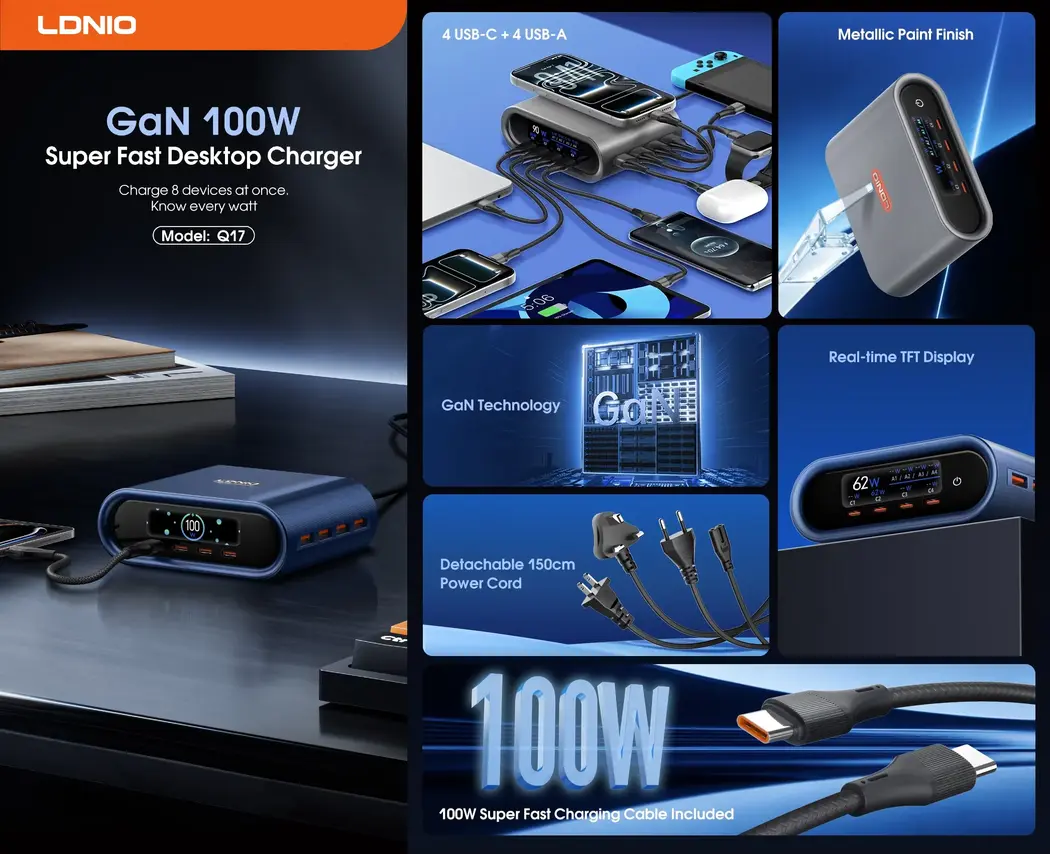 LDNIO Q17 100W desktop charging station with TFT display and multi-device fast charging