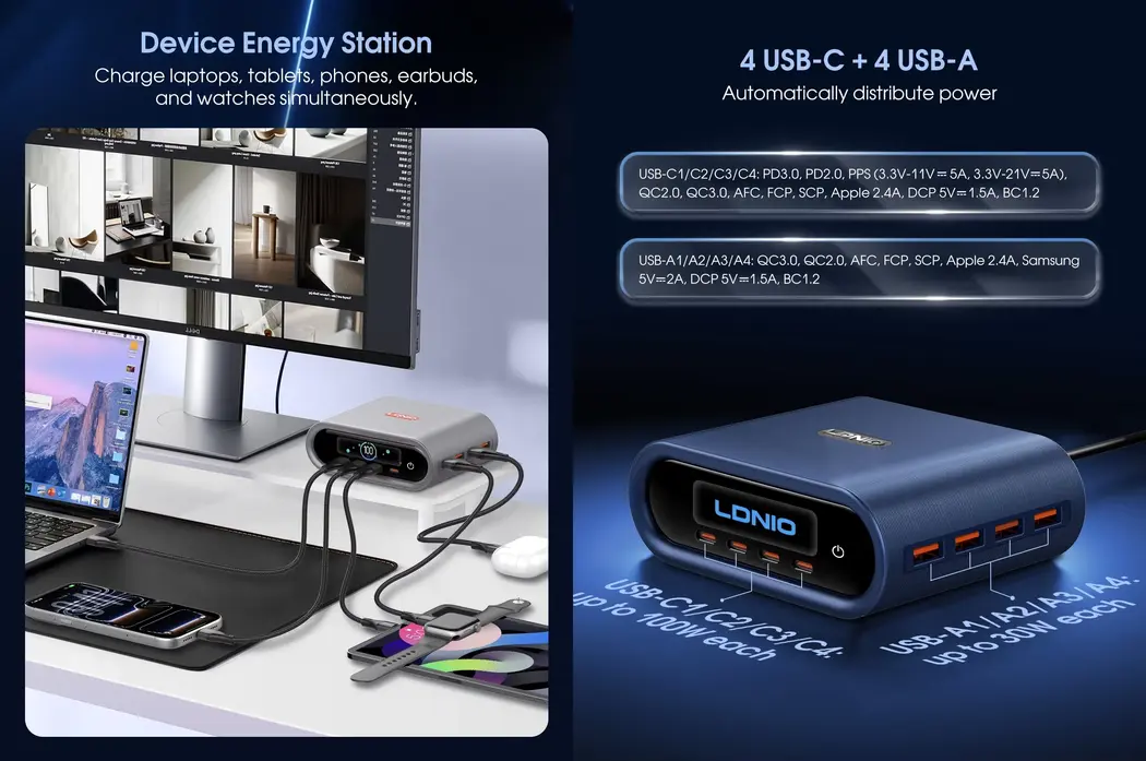 100W Multi Port Desktop Charger with intelligent power distribution for office desk setup
