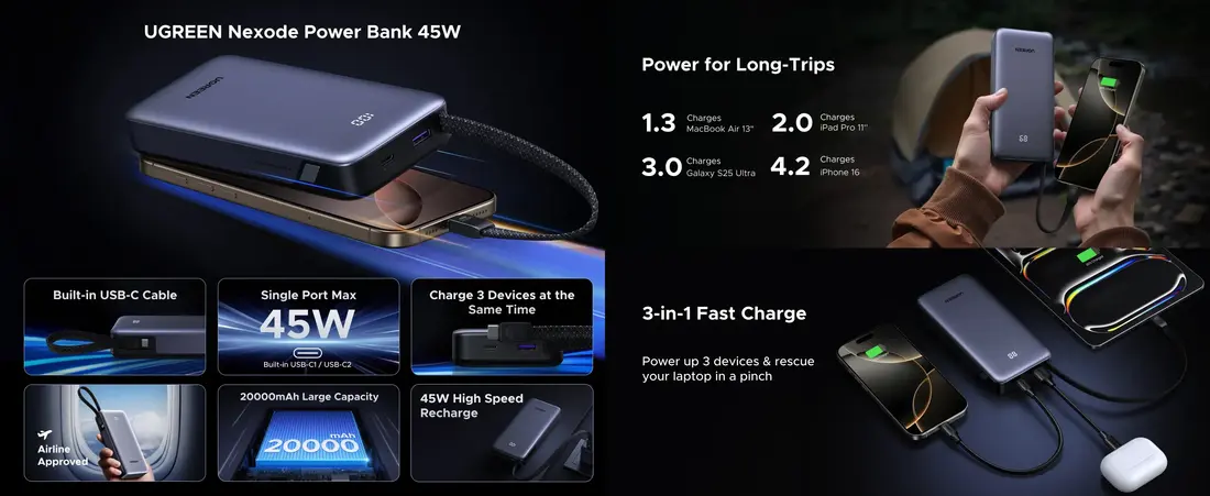 UGREEN PB536 Nexode 45W power bank with built in USB-C cable and PD fast charging