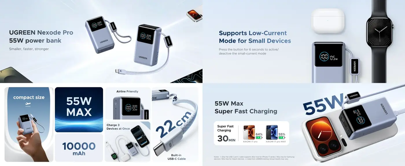 UGREEN PB727 10000mAh 55W mini power bank with built-in USB-C cable and smart digital display