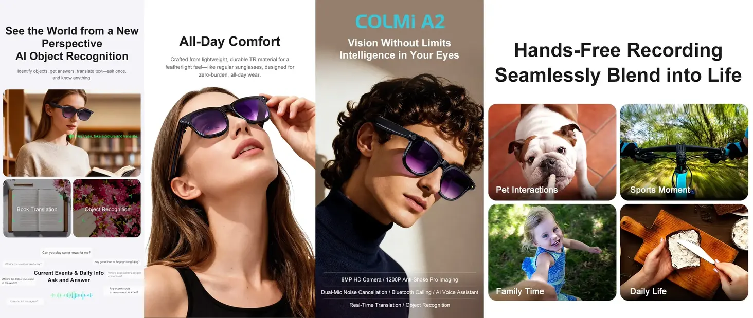 COLMI A2 AI smart glasses with 1080P HD camera, ChatGPT integration, Bluetooth audio, and real-time translation