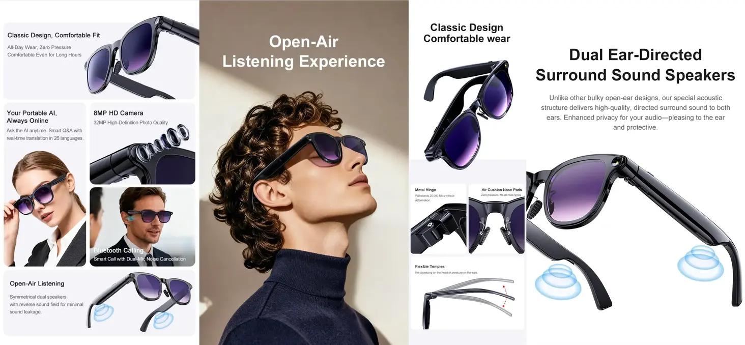 AI Smart Glasses with Camera featuring Sony IMX219 sensor, voice assistant, open-ear audio, and HD video recording