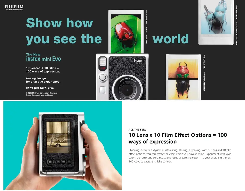 FUJIFILM Instax Mini EVO hybrid instant camera with Bluetooth printing, selfie mirror, and 100 creative effects