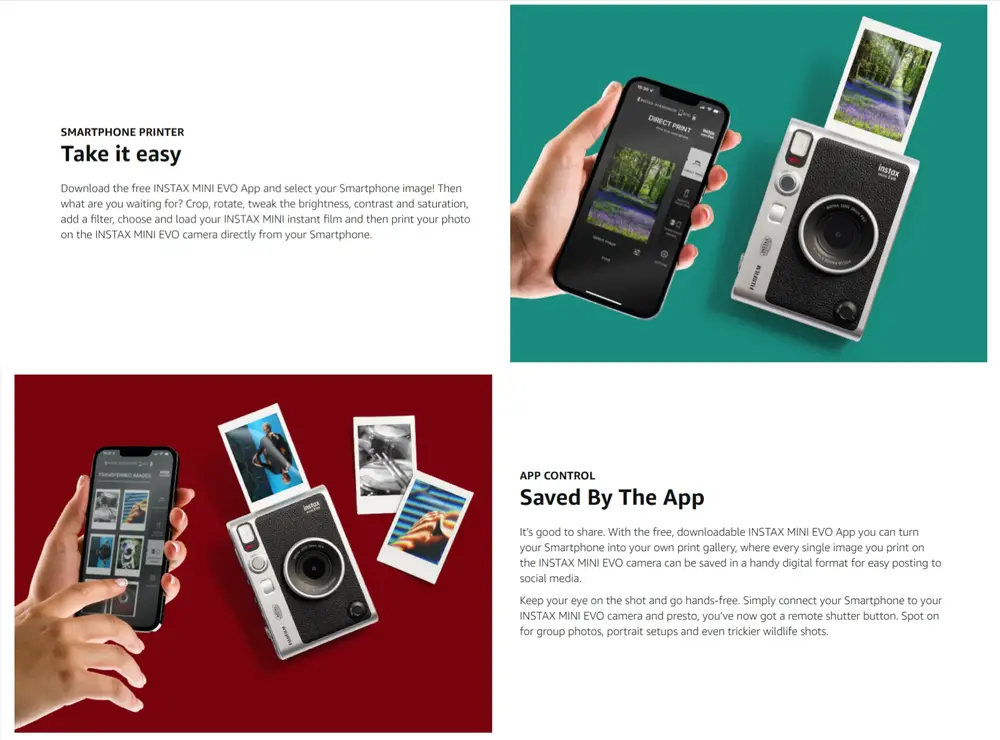 Instax Mini EVO Camera with 600 DPI instant printing, Bluetooth app control, and digital photo storage