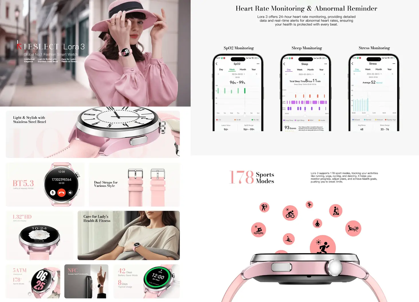 Premium Kieslect Lora 3 Lady Smartwatch featuring stainless steel bezel and dual straps