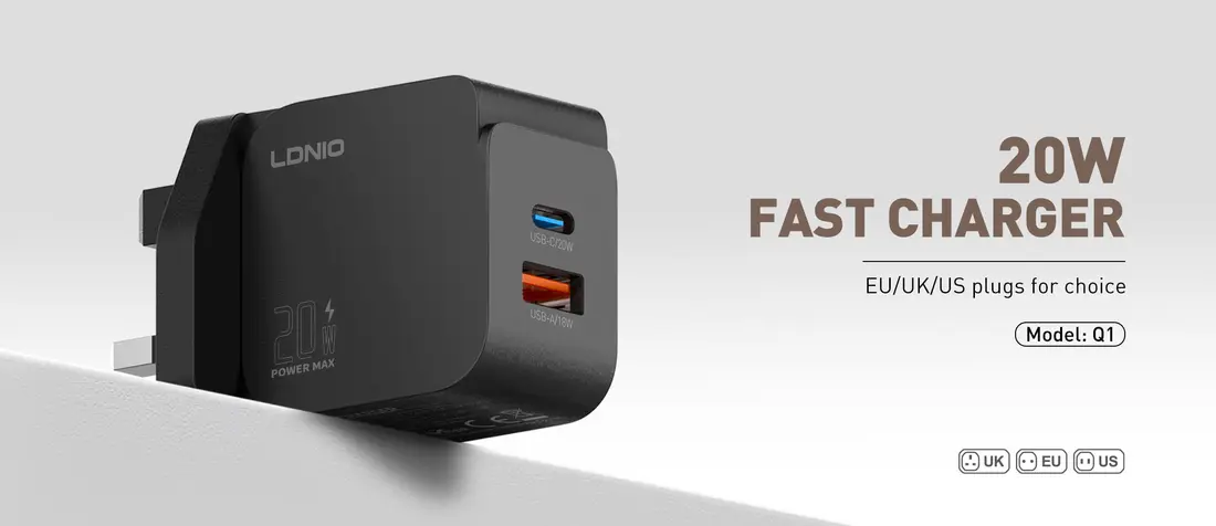 LDNIO Q1 20W Fast Charger original USB-C and USB-A travel adapter in Bangladesh