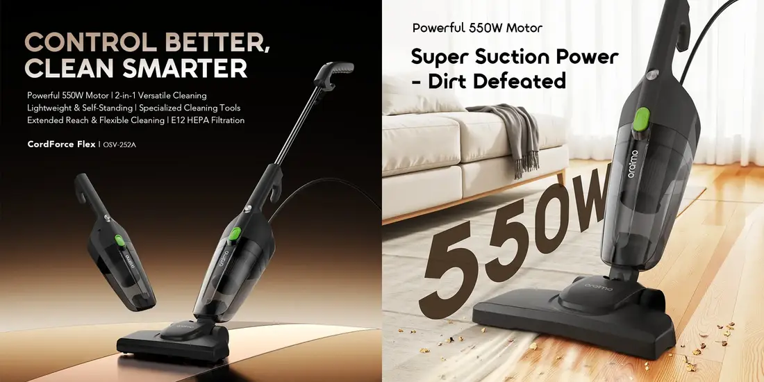 Oraimo CordForce Flex 550W 2-in-1 corded stick vacuum cleaner with HEPA filtration for home cleaning