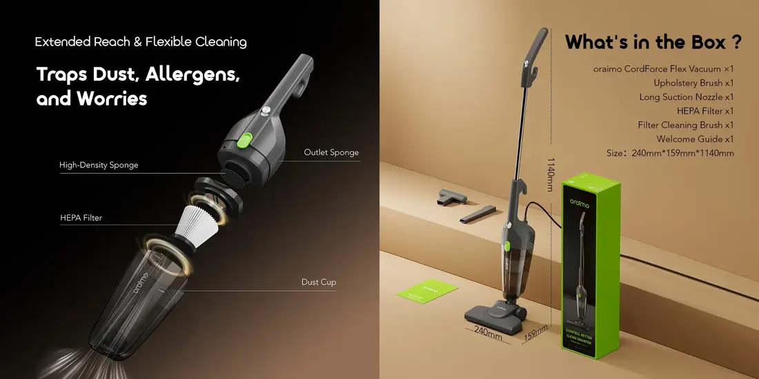 Oraimo 2-in-1 Vacuum Cleaner for hardwood floors, tiles, carpets, upholstery, and furniture cleaning