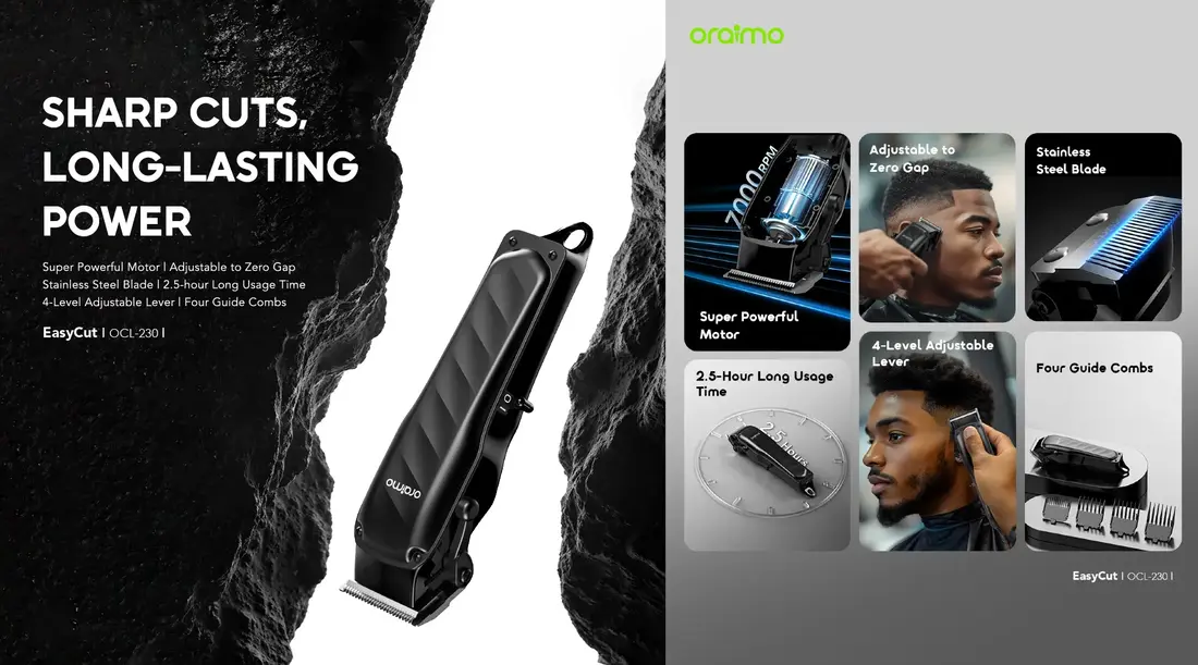 Oraimo EasyCut cordless hair clipper with 7000RPM motor and adjustable zero-gap cutting
