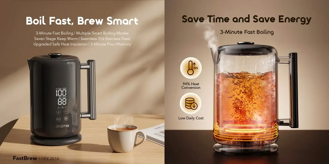 Oraimo FastBrew 1.7L smart electric kettle with 316 stainless steel inner liner and dual-display temperature view