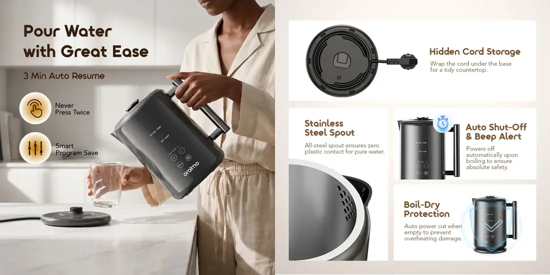 Oraimo Smart Electric Kettle featuring 3-minute fast boiling and seamless 316 stainless steel construction