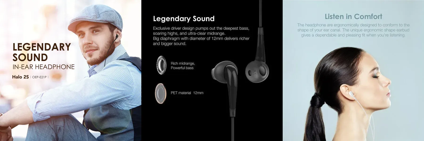 Oraimo Halo 2S wired earphones with 10mm dual-layer composite drivers, built-in microphone, and 3.5mm audio jack