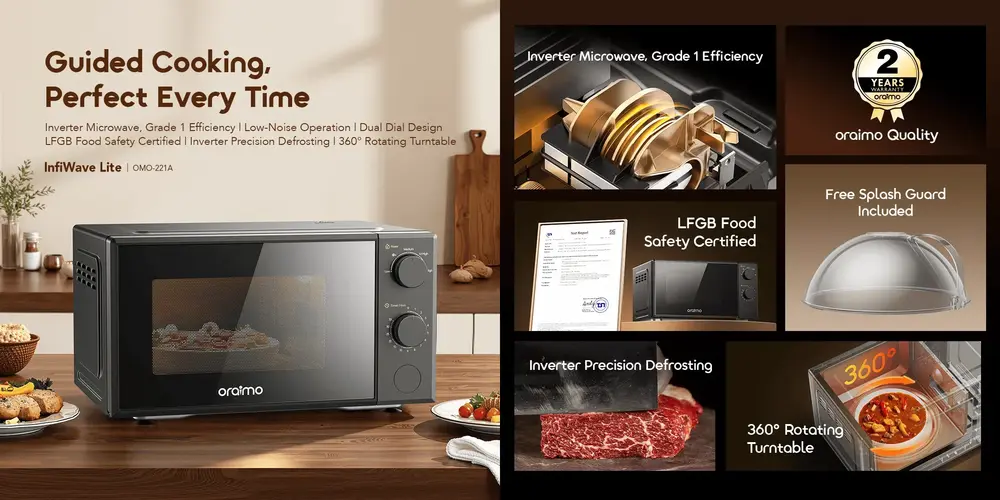 Oraimo InfiWave Lite 20L low noise microwave oven with inverter technology and 360° rotating turntable
