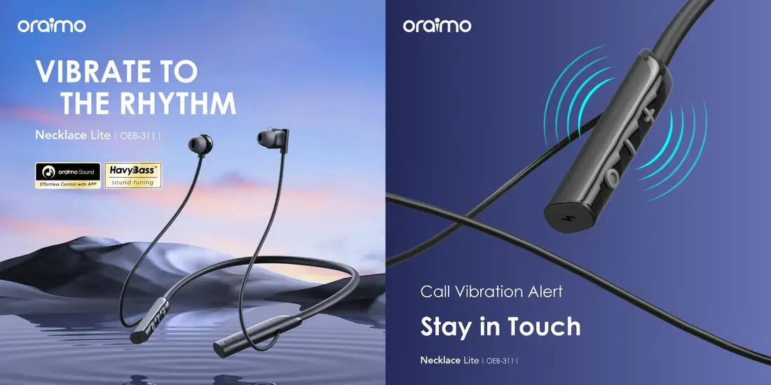 Oraimo Necklace Lite wireless neckband with Bluetooth 5.3, ENC calling, vibration reminder, and 30-hour battery life