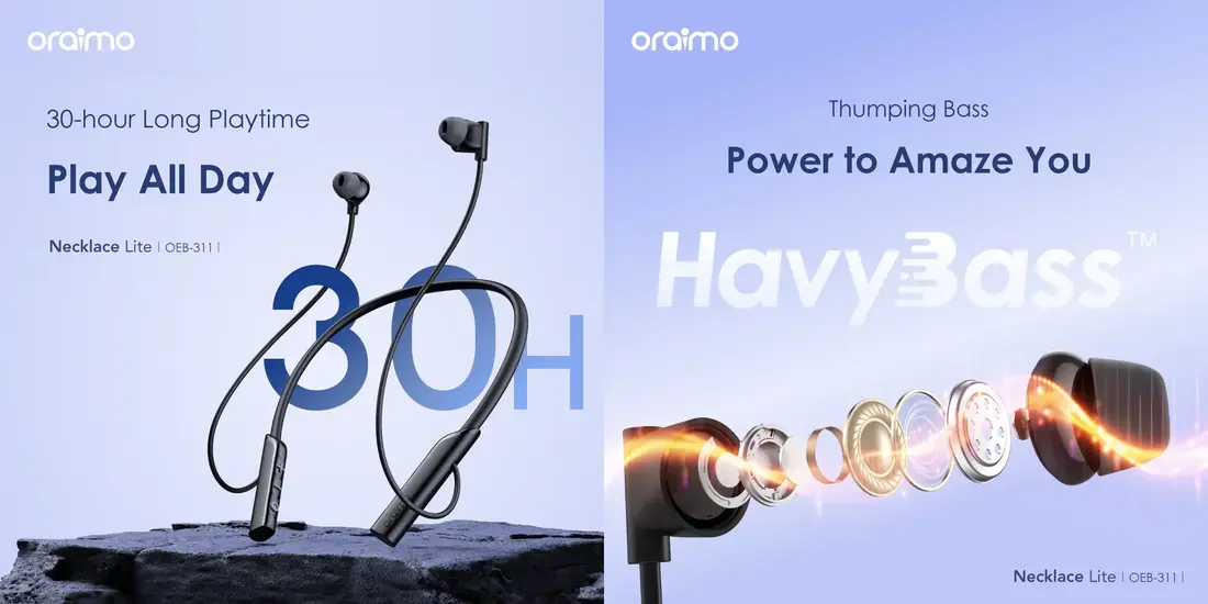 Oraimo OEB-311 Necklace Lite Bluetooth neckband earphones with deep bass, HD microphone, and dual device connectivity