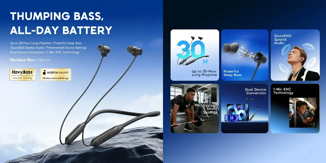 Oraimo Necklace Neo wireless neckband with 30-hour battery life and deep bass stereo sound