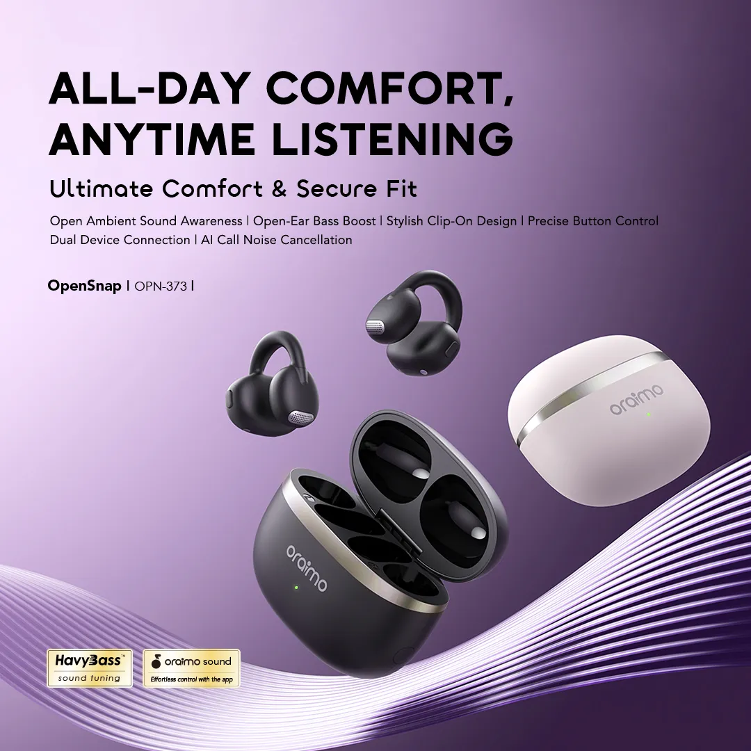 Oraimo OpenSnap open-ear wireless earbuds with Bluetooth 5.4, HavyBass technology, and 26 hours of playtime