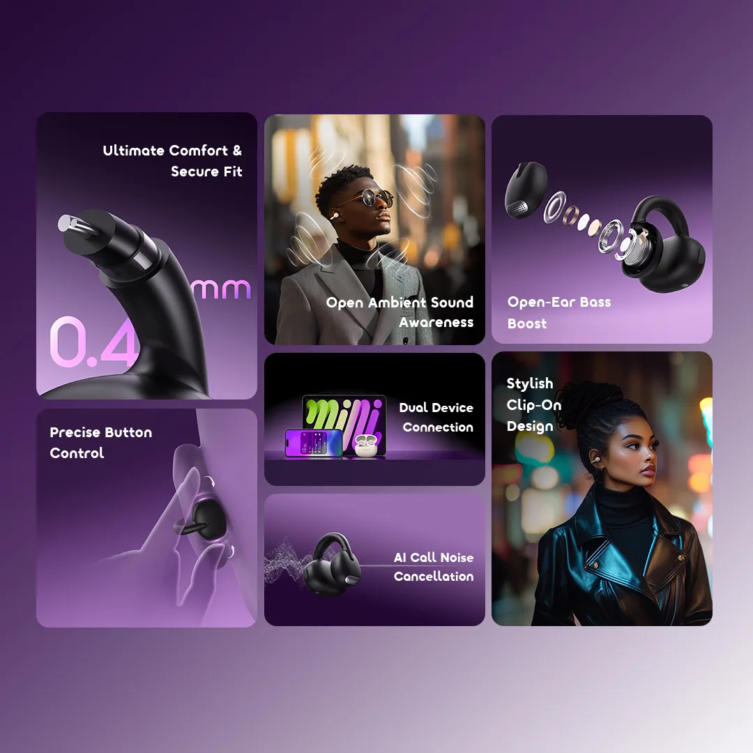 Oraimo OPN-373 OpenSnap clip-on open-ear earbuds with titanium memory wire and dual-device connection