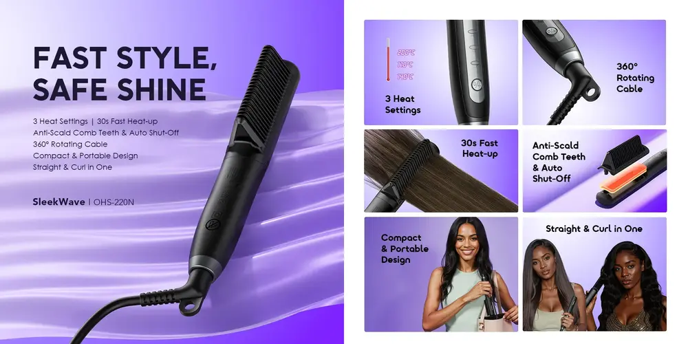 Oraimo SleekWave Hair Straightener Brush with 30-second PTC heating and 3 temperature settings for smooth hair