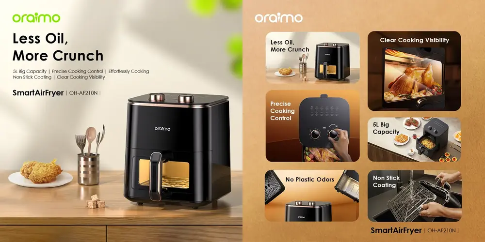 Oraimo SmartAirFryer 5L 1500W smart air fryer with visible cooking window and 360° hot air circulation technology
