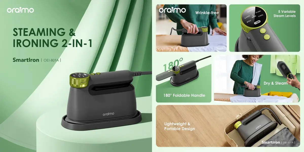 Oraimo SmartIron OEI-801A portable steam iron with 1740W fast heating and ceramic soleplate