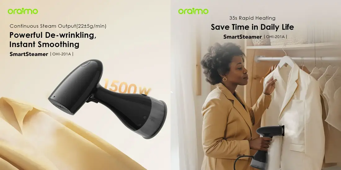 Oraimo OHI-201A Garment Steamer with fast 35-second heating for home and travel use