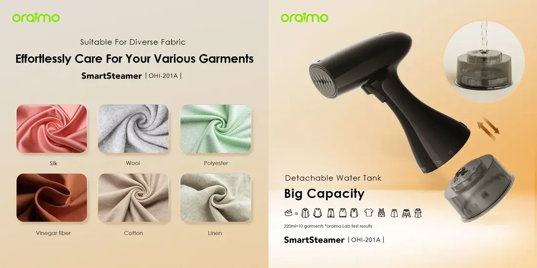 Oraimo Handheld Garment Steamer for cotton, silk, linen, wool, and everyday clothing care
