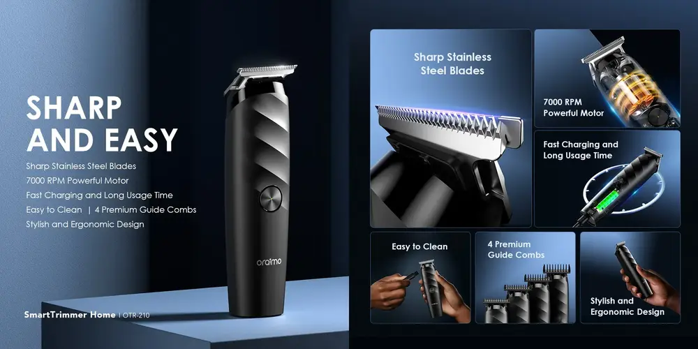 Oraimo SmartTrimmer Home cordless beard trimmer with Type-C fast charging and stainless steel blades