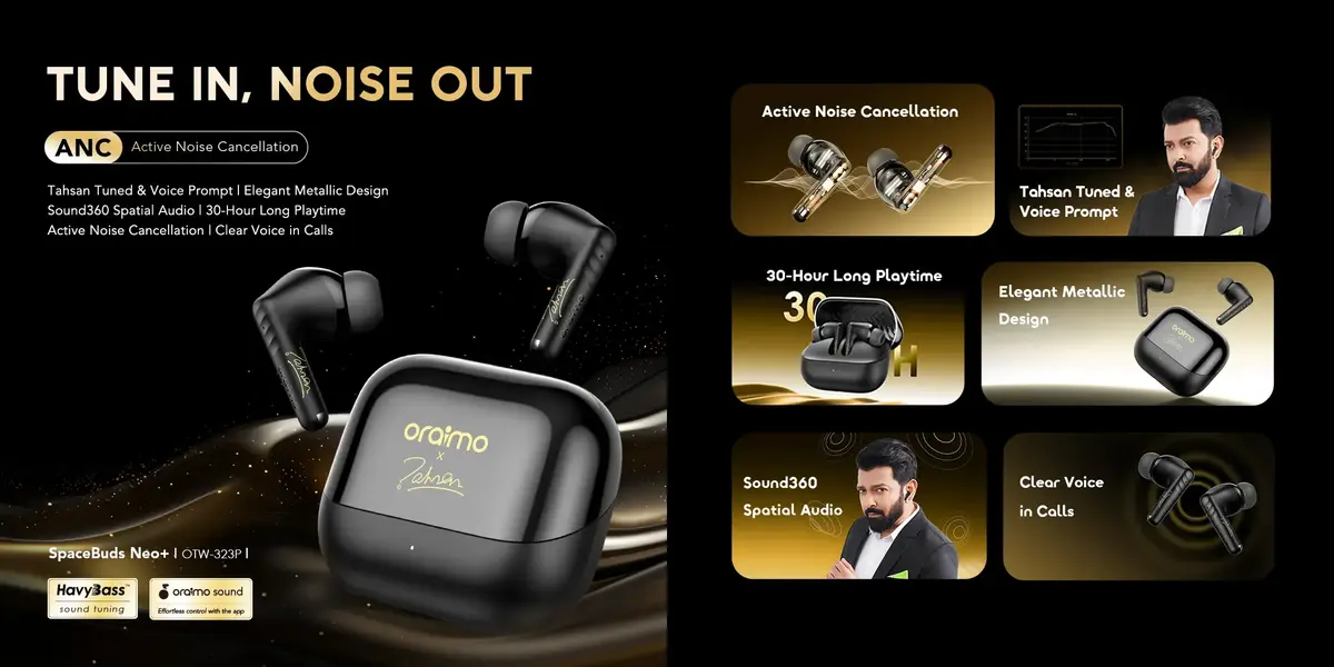oraimo SpaceBuds Neo Plus ANC true wireless earbuds with Bluetooth 5.3, 10mm drivers, and 32-hour battery life