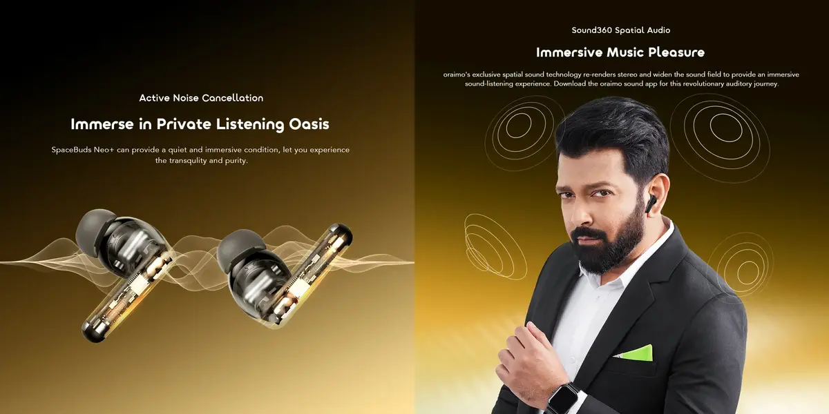 Oraimo OTW-323P SpaceBuds Neo+ wireless earbuds with powerful bass, Bluetooth 5.3, and ergonomic lightweight design
