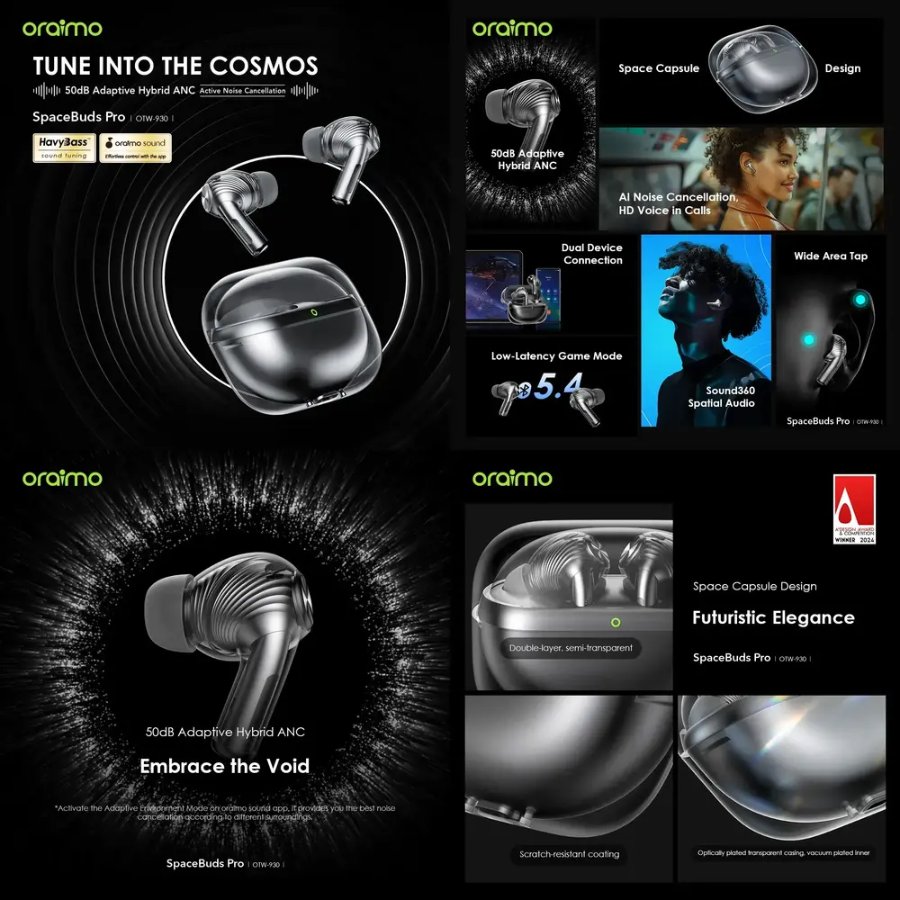 Oraimo SpaceBuds Pro 50dB Hybrid ANC true wireless earbuds with Bluetooth 5.4, Spatial Audio, and IP54 protection