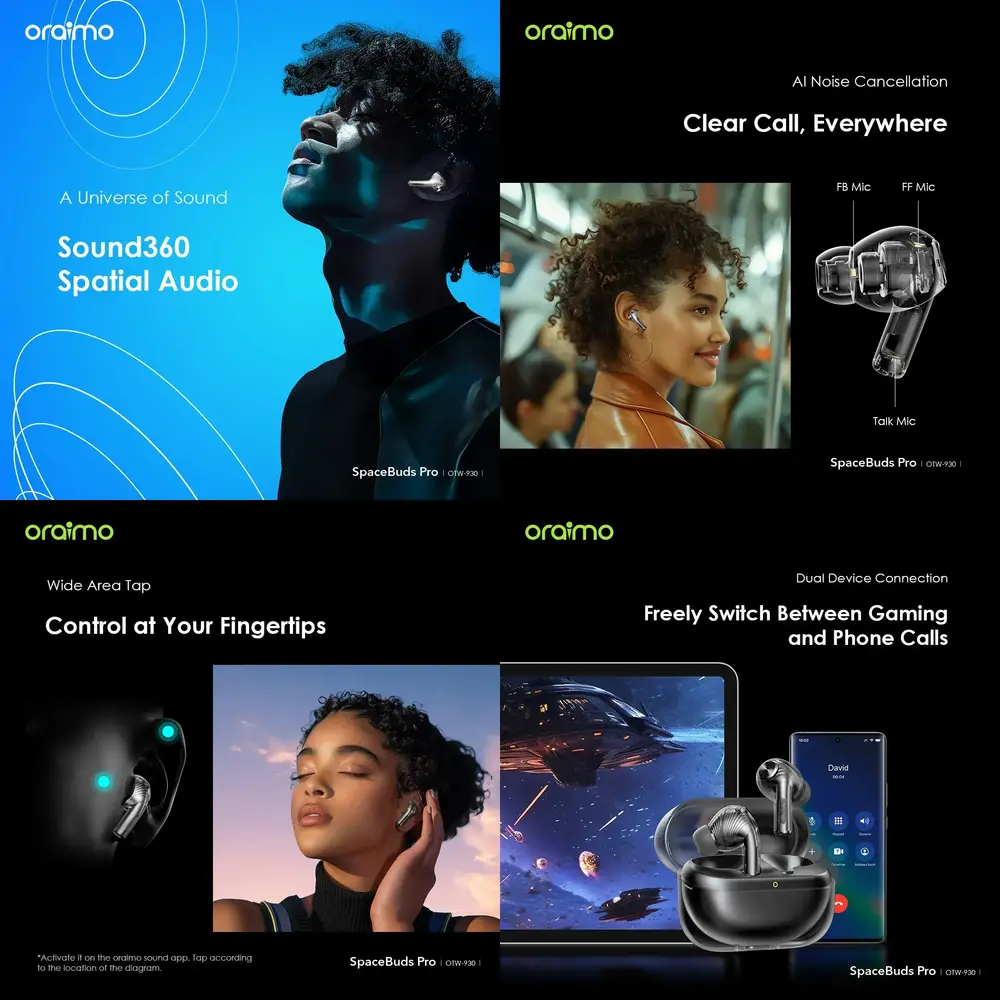Oraimo OTW-930 SpaceBuds Pro TWS earbuds with Adaptive Hybrid ANC, 6 AI microphones, and dual-device connectivity