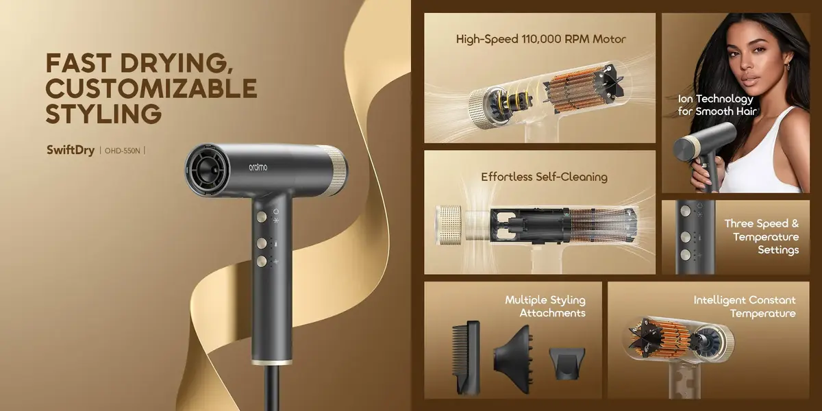 Oraimo SwiftDry Hair Dryer with 110000 RPM high-speed motor and negative ion technology for fast hair drying