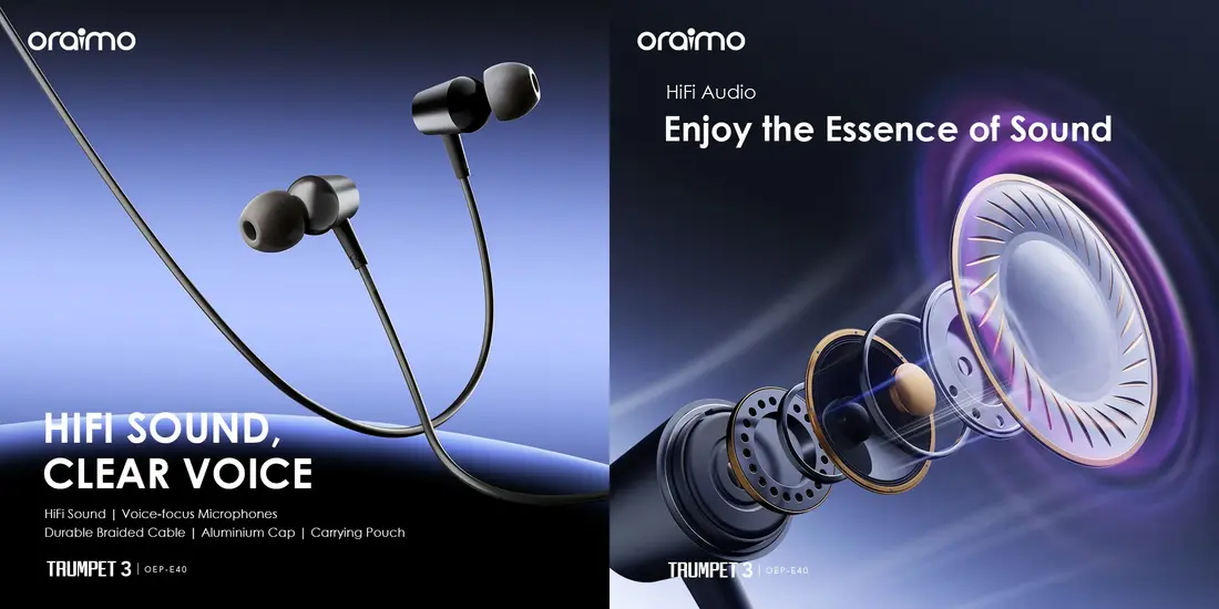 Oraimo Trumpet 3 HiFi wired in-ear earphones with deep bass, voice-focus microphone, and ergonomic design