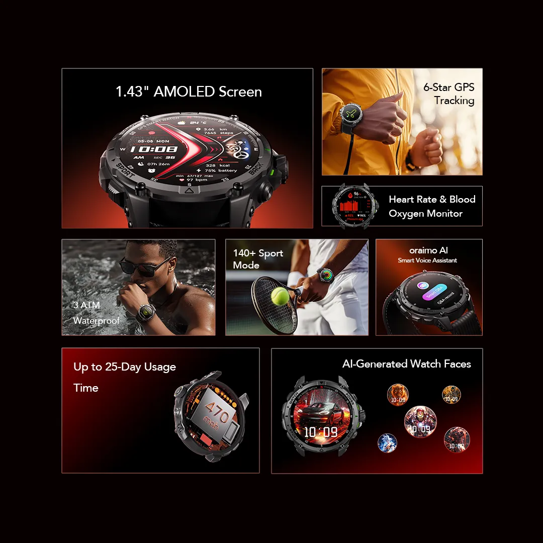 Oraimo OSW-852H Watch GT premium outdoor smartwatch with 6-star GPS, compass, and barometer