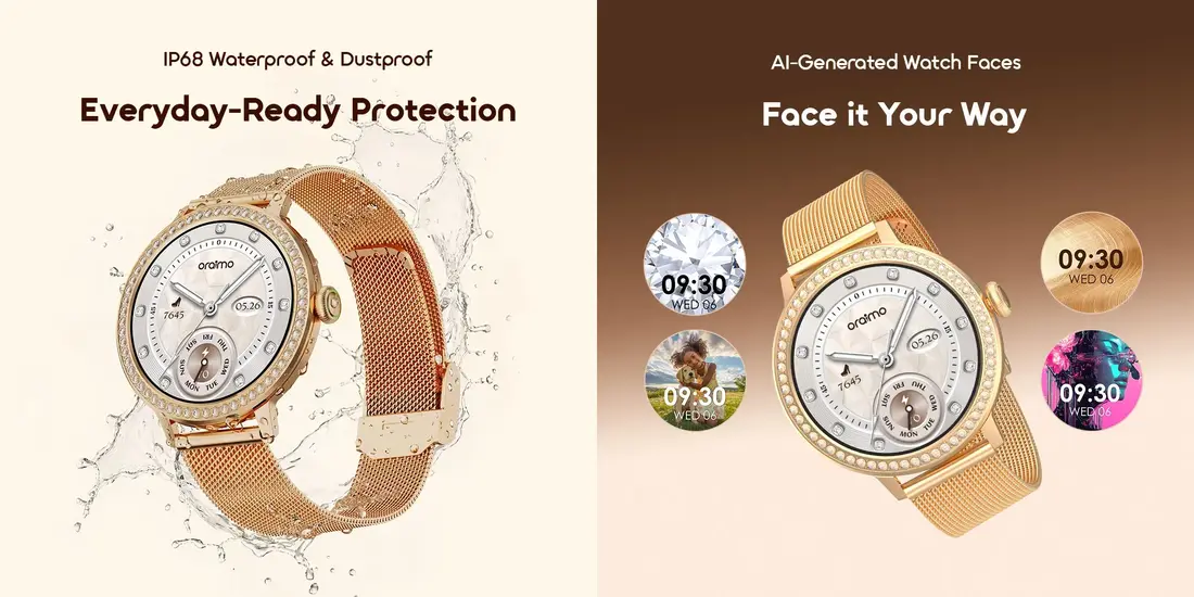 Oraimo Ladies Smart Watch with Wireless HD Calling, blood oxygen monitoring, and anti-scratch Panda Glass