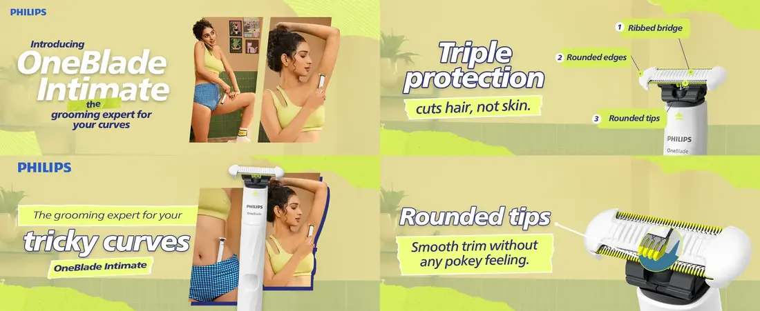 Philips OneBlade Intimate body trimmer with SkinProtect technology for painless bikini, underarm, and sensitive area grooming