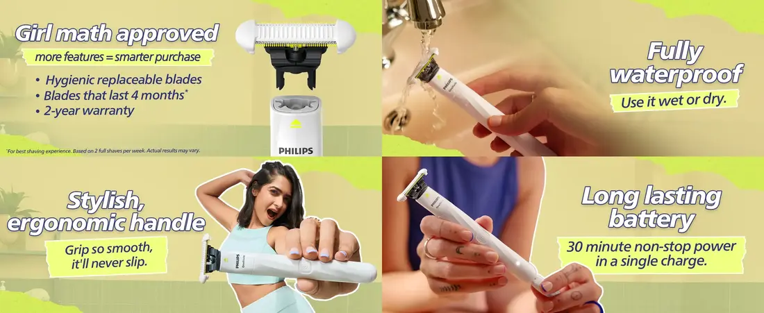 Philips QP1924/20 OneBlade Intimate featuring SkinProtect blade for safe bikini line, underarm, and intimate area trimming