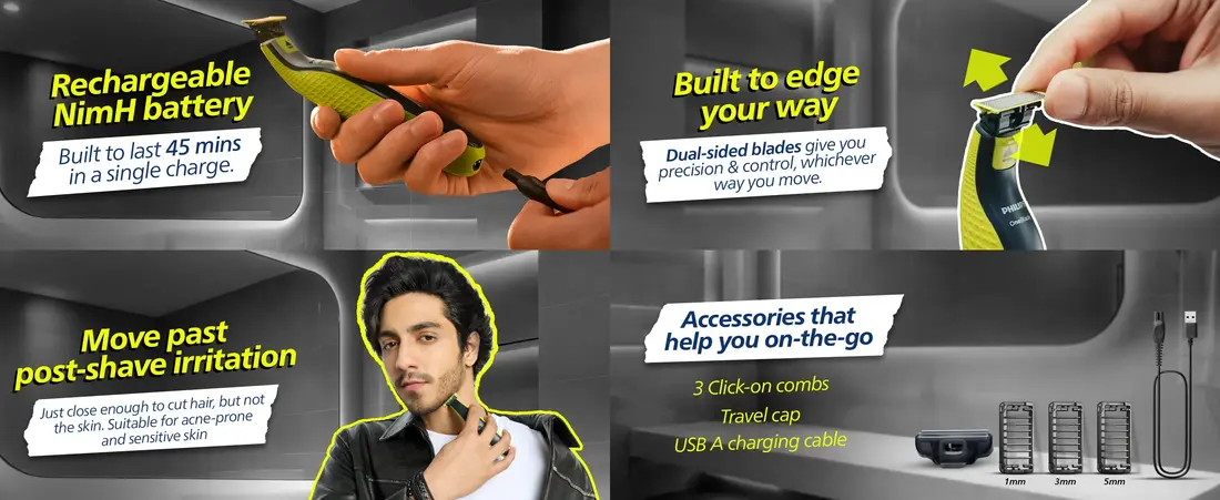 Philips OneBlade QP2724/10 Price in Bangladesh with USB charging, wet and dry use, and 1mm 3mm 5mm trimming combs
