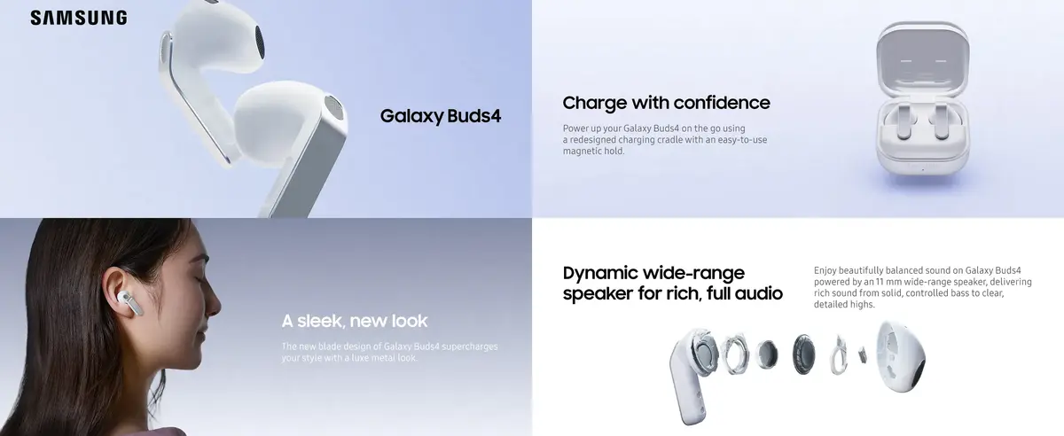 Samsung Galaxy Buds 4 AI true wireless Bluetooth earbuds with Adaptive ANC and Hi-Res Audio