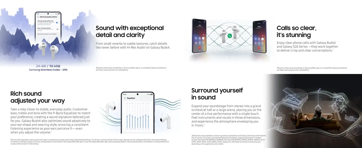 Premium Samsung Galaxy Buds4 wireless earbuds with 24-bit Hi-Fi sound and IP54 water resistance
