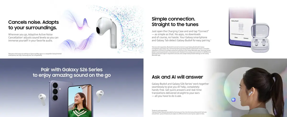 Latest Galaxy Buds 4 AI Earbuds with intelligent voice assistant and Adaptive Active Noise Cancellation